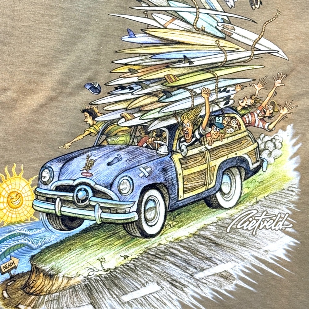 Rietveld Graphic T Shirt Mens Medium Olive Green Surf Woody Car Art Surfwear
